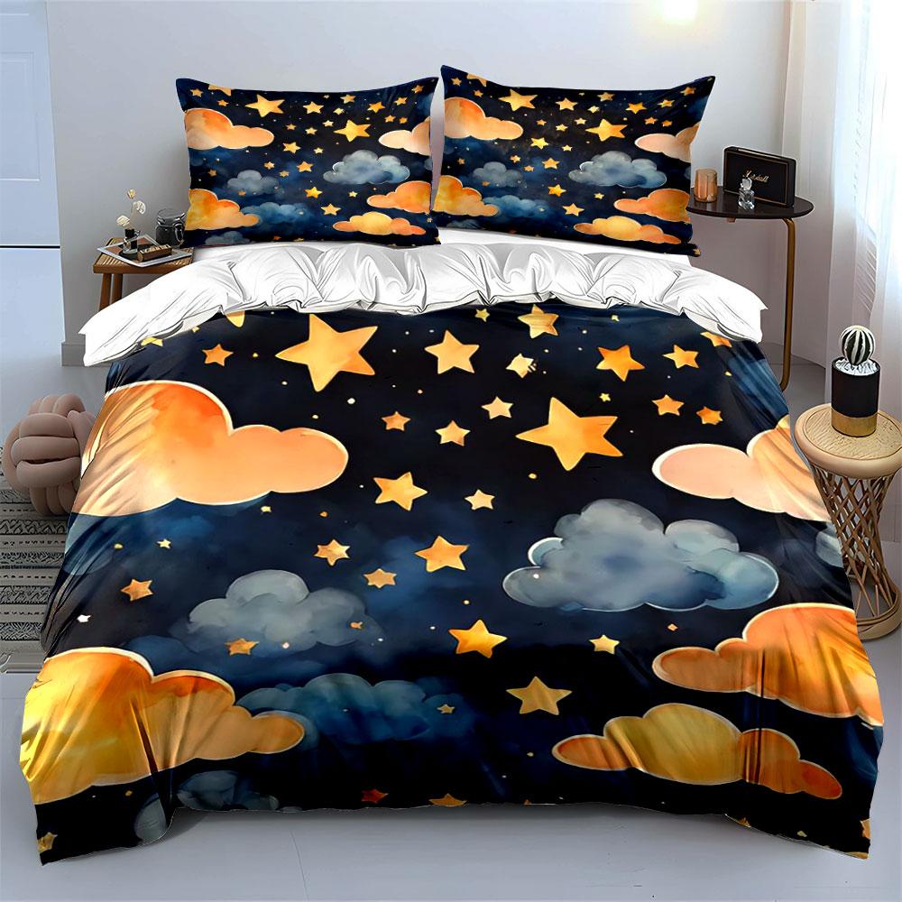 Starry Night Cloud Decor Set Bedding Set with 1 Duvet Cover 2 Pillowcases Single Double King Queen, Gift