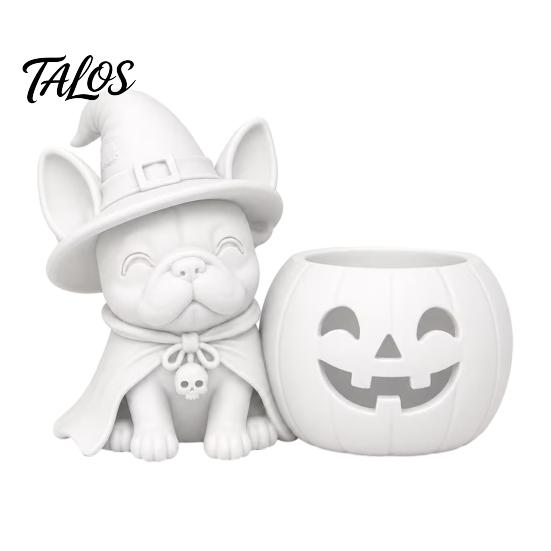Cute Dog Halloween Gift French Bulldog Witch Statue, 3D Printed Pumpkin Candle Holder, Festive Home Decorations Figurine Tabletop Decor for