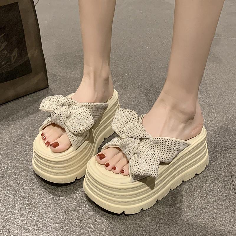 Fashion 8CM Women Bling Chunky Slippers Summer Ladies Beach Flip-Flops Wedges Heels Outside Bowknot Sandals Woman High Platform Shoes