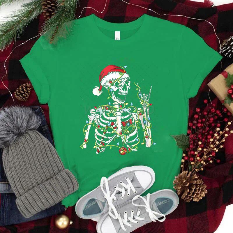 Christmas Santa Skull T Shirt Streetwear Unisexs Clothing Trendy Short Sleeve ONeck Tee Top Christmas Lights Skeleton Street Tees
