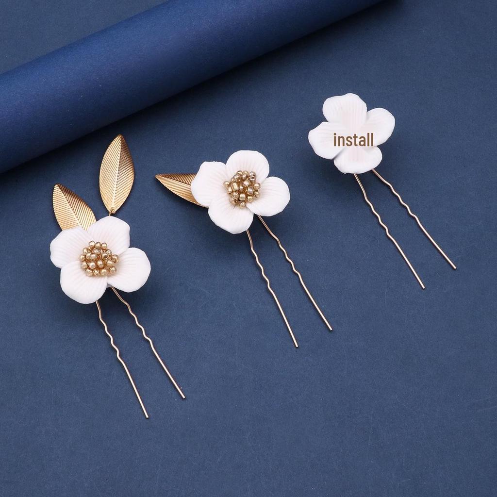 Alloy Leaf & Ceramic Magnolia Flower Hair Comb - Bridal Headdress Accessory
