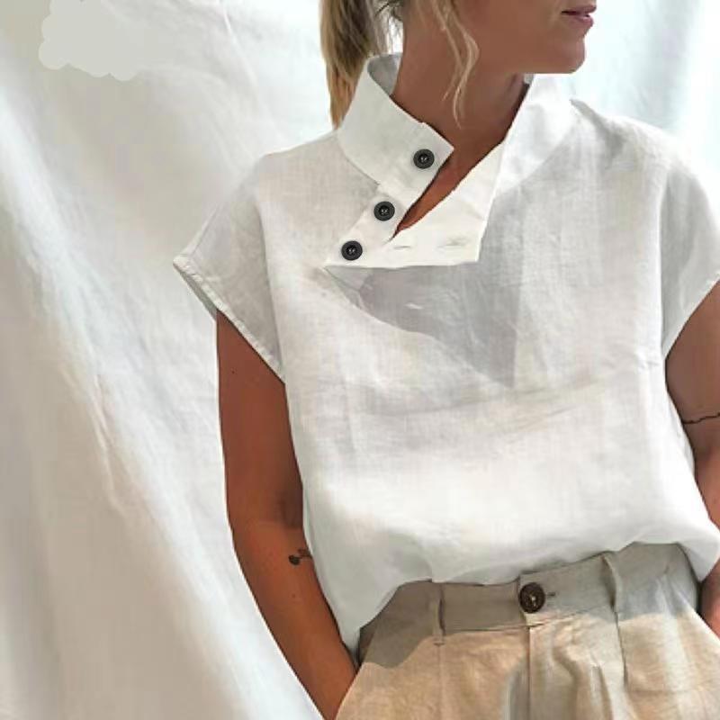 

New European and American Plus Size Women s Sleeveless Pullover Solid Color Slim Stand Collar Shirt S белый
