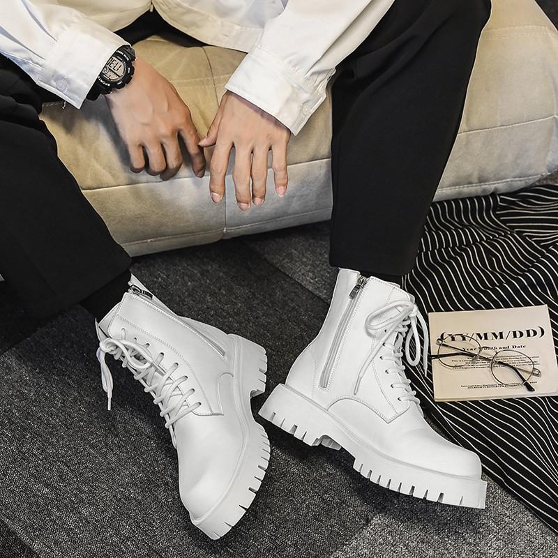 Mens Mid-Calf Martin Boots With Side Zipper Casual Leather-Look Workwear Shoes Anti-Slip Rubber Sole Round Toe Black White