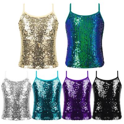 Kids Girls Shiny Sequins Camisole Tank Top for Jazz Modern Dance Competition Spaghetti Straps Vest