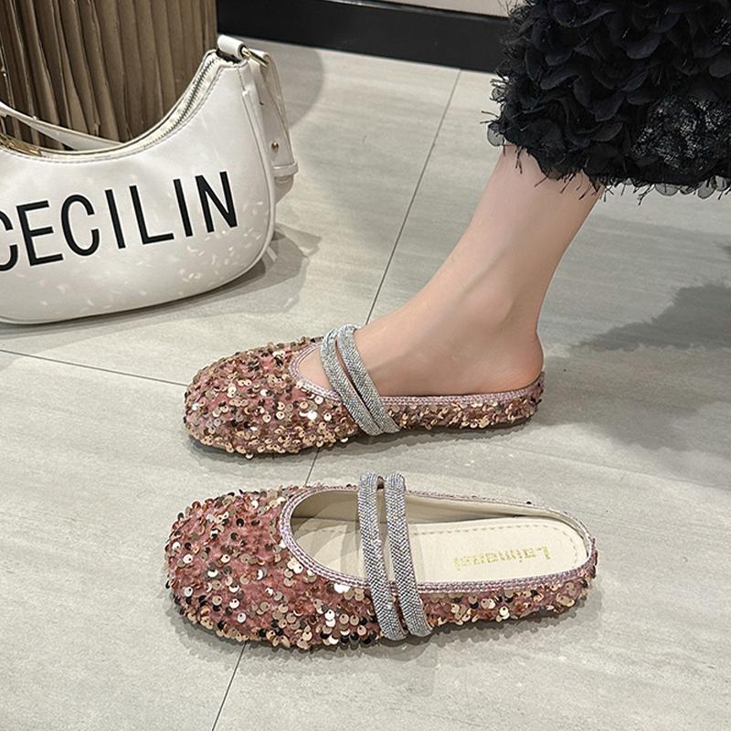 Fashion Glitter Slides Shoes Woman 2024 Slippers Flat Low Female Mule Pantofle Cover Toe Jelly Mules New PU Bling Crystal Rubber Rome Ho