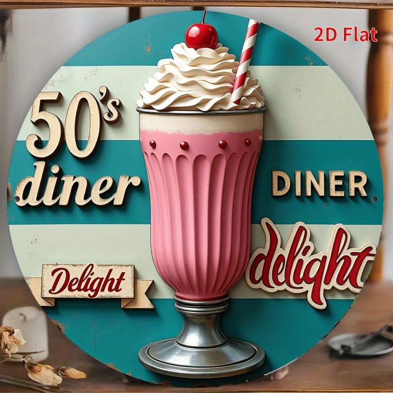 

D Flat s Diner Pink Milkshake Round Metal Tin Sign Vintage Retro Diner Delight Striped Wall Decor Classic Cherry Whipped C 20x20cm(8x8inch)