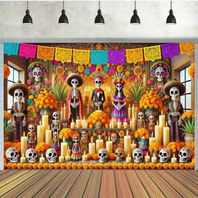 Lebendige Tag der Toten Altar Szene Wandteppich Festliche Schädel - thematische Wanddekoration Gotischer Wandteppich Zimmerdekorationsartikel