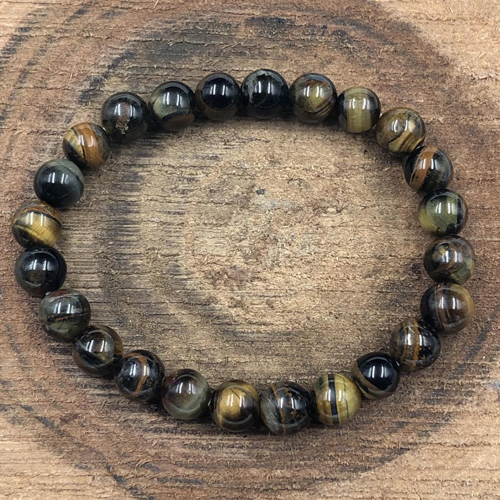 8mm Natural Black Tiger Eye Gemstone Round Beads Bracelet 7.5" Handmade Good-Luck Stretch Bracelet RBB-51