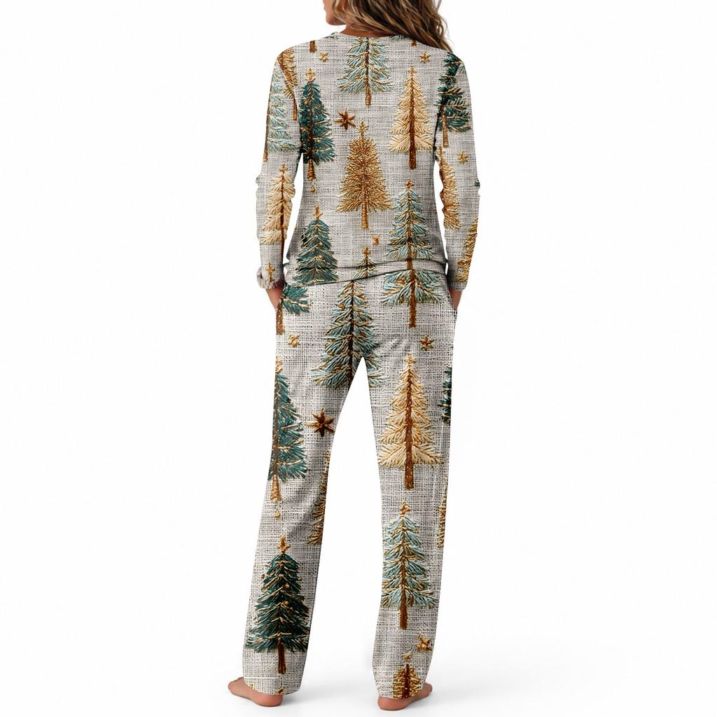 Women's Casual Pajama Set with Round Neck Long Sleeve and Wide Leg Pants for Sleep