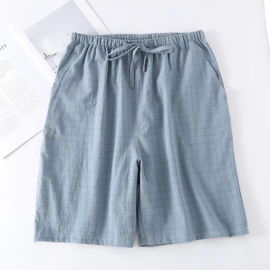 Japanese Plaid Pajamas Shorts Men's Summer Thin Cotton Loose Double-layer Gauze Cotton Elastic Waist Home Pants
