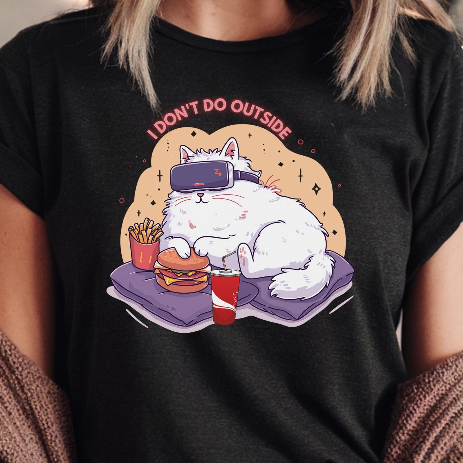 Funny Cat VR Gamer Shirt, Indoor Gaming Tee, Virtual Reality Cat Lover Gift L