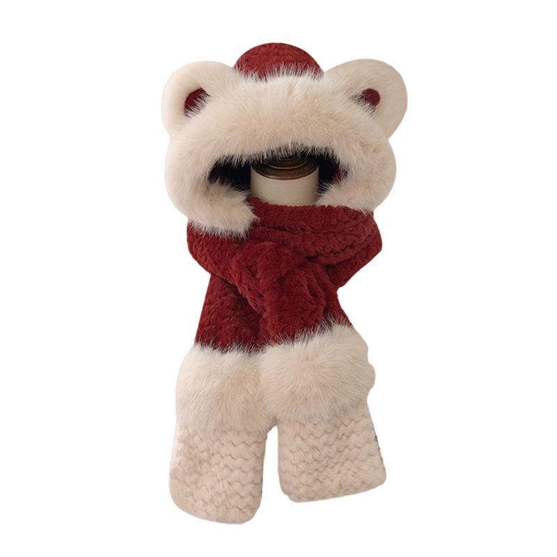 2025 Women's Cute Bear Hood: Winter Plush Hat, Scarf, Gloves Set