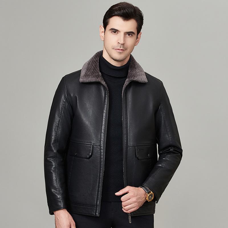 Genuine Leather Jacket Men's Fur Integrated Velvet Thickened Autumn and Winter Dad Genuine Leather Jacket