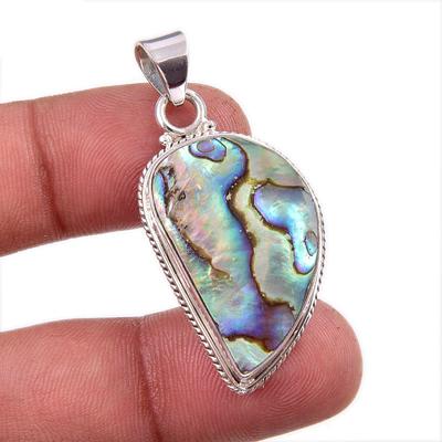Natural Abalone Shell Gemstone 925 Solid Sterling Silver Gift Pendant 1.75" Y0L05
