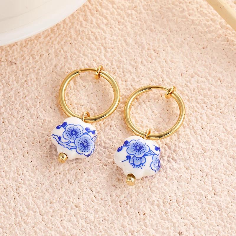 Chinese Style Hand Painted Ceramic Beads Earrings Pentagram Teapot Cup Shape Drop Earrings for Women Classic Designed Jewelry
