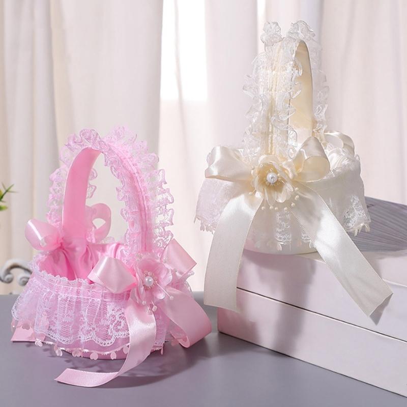 Wedding Flower Girl Basket with Lace Trim Handle Bowknot Flower Baskets for Wedding Ceremony Party Floral Arrangement