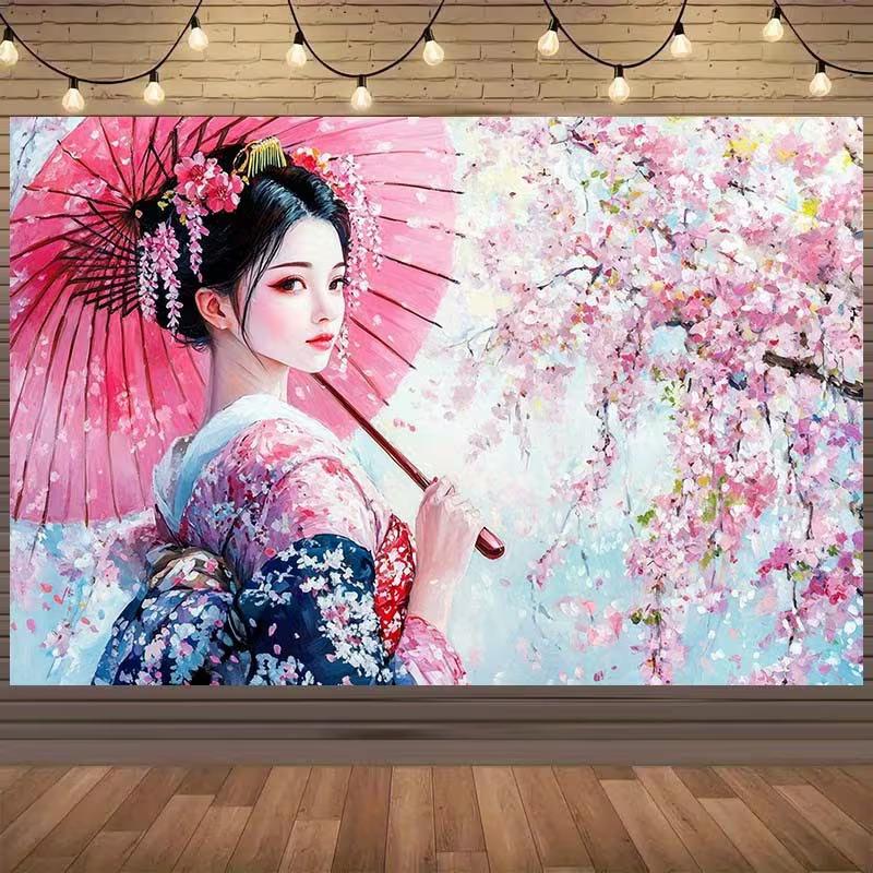 2D Traditional Japanese Backdrop with Cherry Blossoms Banner
