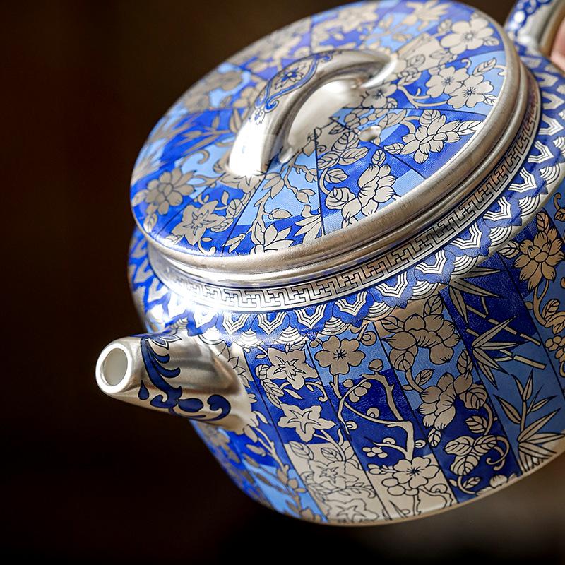 Silver-Plated Blue & White Porcelain Gongfu Tea Set with Kettle Handle - Perfect High-Grade Gift for Elders & Leaders.