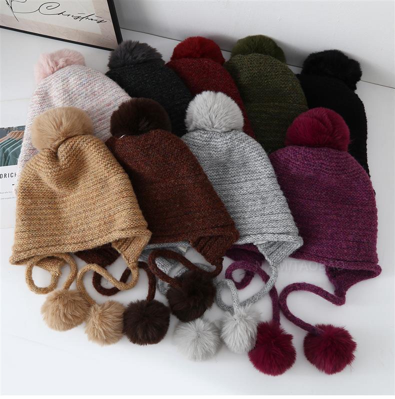 Korean Hairball Strap Solid Color Double-Layer Knitted Bomber Hat Women Simple Casual Versatile Cute Wool Pompom Beanie Cap