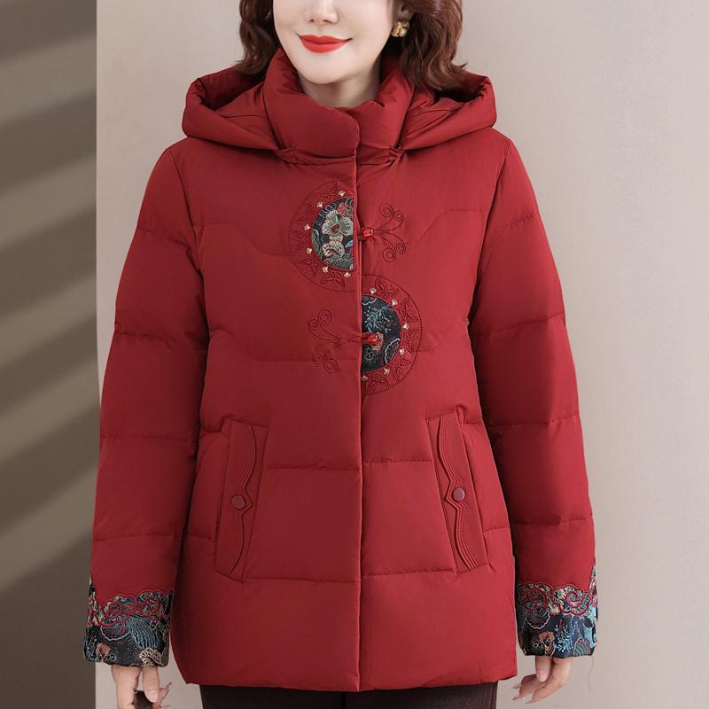 Plus Size Middle Age Women's Winter Down Jackets Hooded Thick Warm Embroidery Down Coats Woman Outerwears