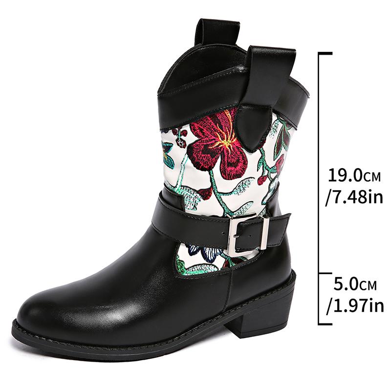 Retro Flower Embroidery Western Women Fashion Buckle Thick Heel Ankle Woman Slip on Pointed Toe Short Booties 43 43