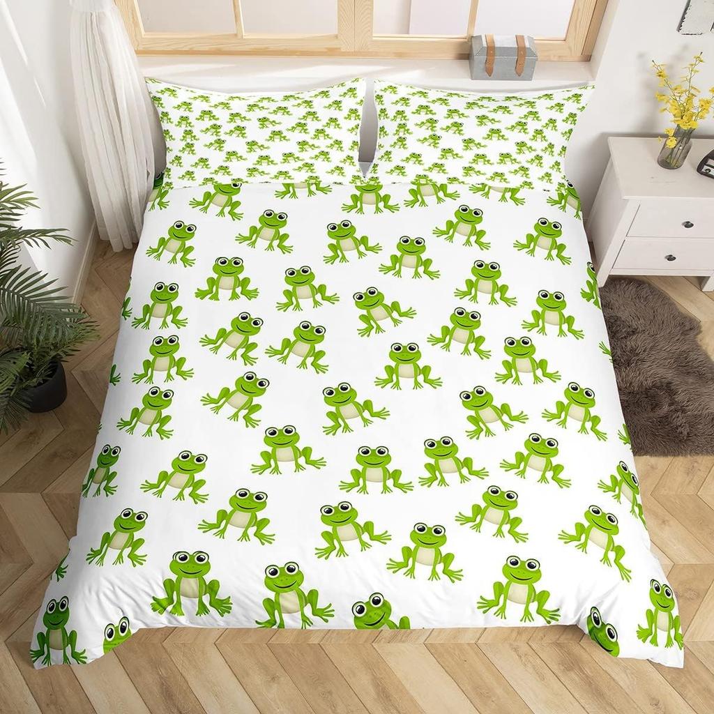 Cartoon Frog Duvet Cover 3D Animals Comforter Cover Rain Cute Animal Frog Green Gray Bedding Set With Pillowcases 75*50Cm