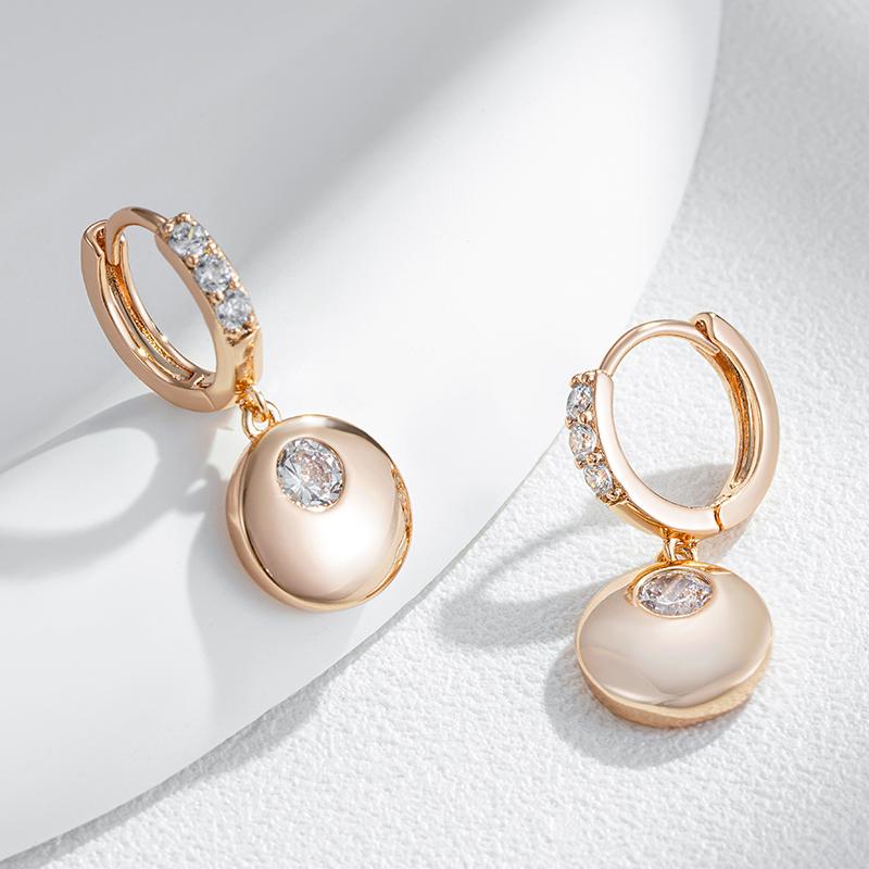 Fashion Simple Glossy Round Coin Dangle Earrings Women Rose Gold Color With Natural Zircon Party Daily Fine Jewelry