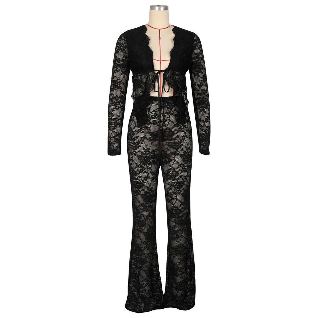 AL311 Women's Sexy Lace Flocking See-through Two-piece Set for Nightclub & Party