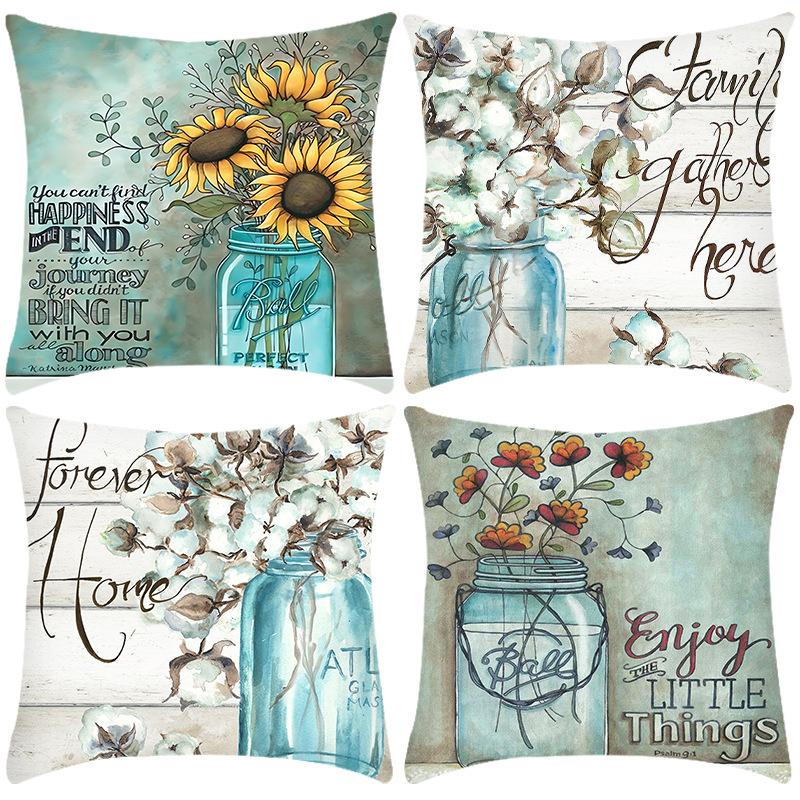 

New Green Plant Chrysanthemum Print Letter Print Pillow Case Home Sofa Cushion Cover 45 * 45Cm pillowcase