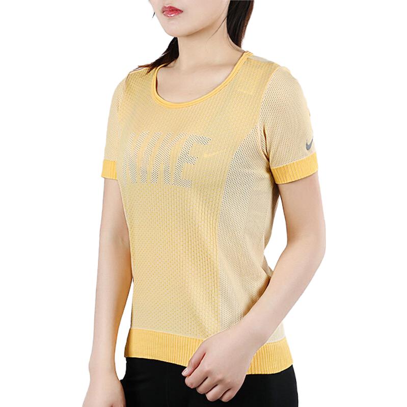 Nike Alphabet Brand Logo Print Round Neck Short Sleeve T-Shirt Women Tops Yellow CV9373-795