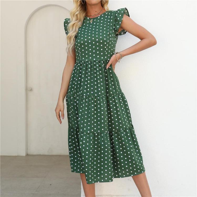 Summer Women Sleeveless Round Neck Ruffled Dot Print Long Dress Polka