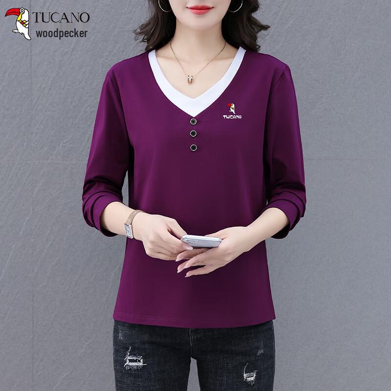 

Woodpecker Women s V-Neck Faux Two-Piece Long Sleeve Cotton T-Shirt XL