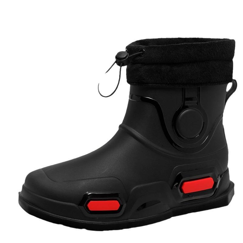 Rain Shoes Men's New Non-slip Waterproof Fashion Short Water Shoes Fleece Thermal Rubber Shoes Bundle Mouth Rain Boots Drawstring Water Boots
