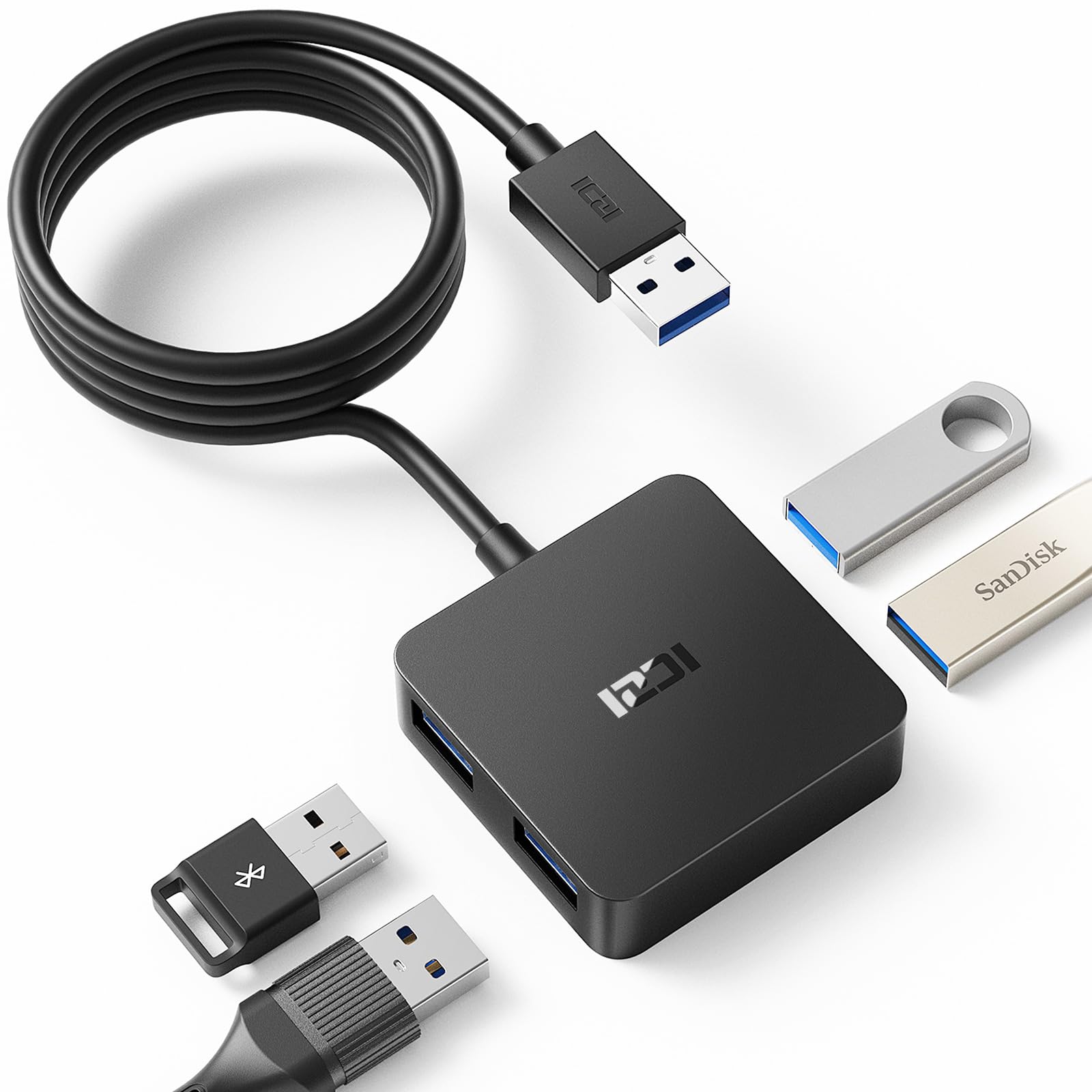 

ICZI USB 4 USB-концентратор, совместимый с работой от черного концентратора, порты, концентратор 3.0, 120 см, с питанием, легкий, компактный, Chromebook/Macbook/iMac/Surface Pro, чёрный