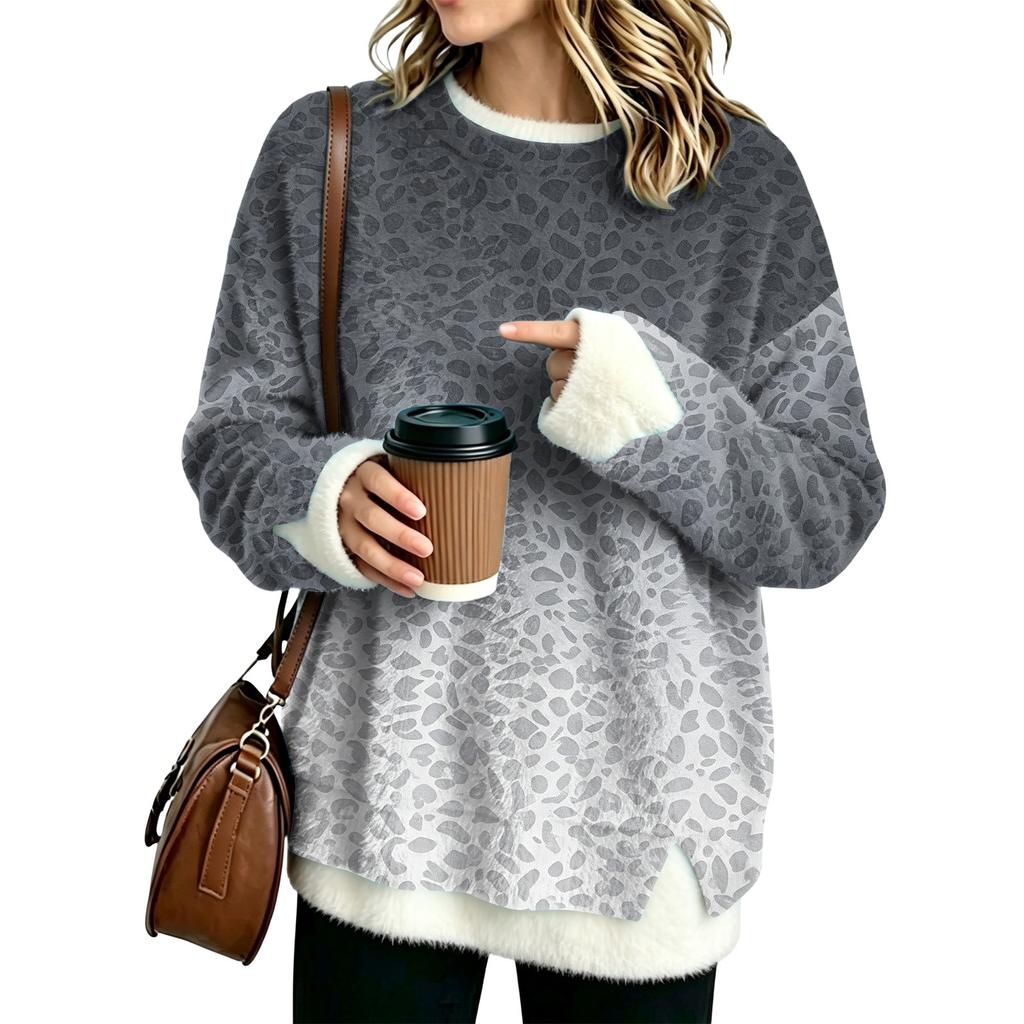 Women's Flannel Leopard Print Top, Round Neck Two-Piece Blouse for Casual Wear