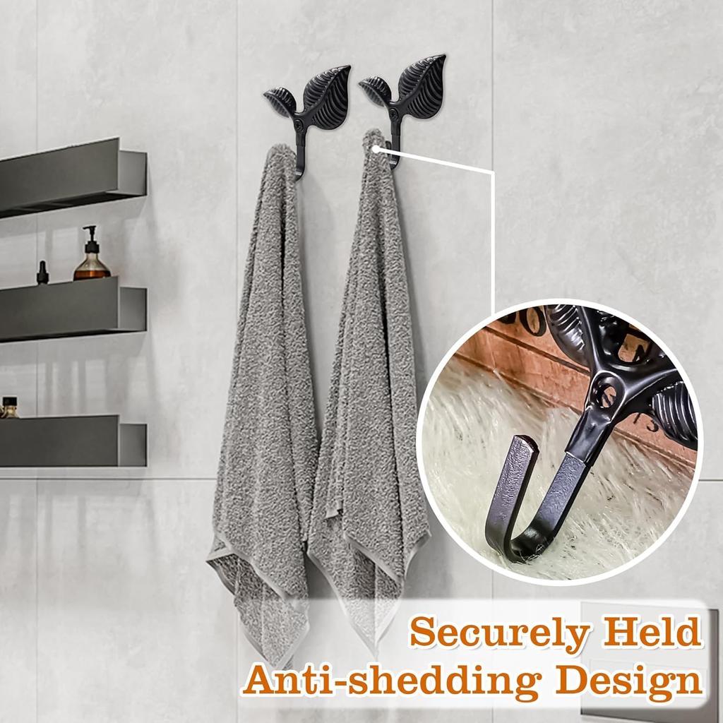 Set of 4 Vintage Leaf Wall Hooks Black Metal Coat Hooks Heavy Duty Decorative Iron Hook Wall Mounted Hangers for Hanging Towels Coats Hats Scarf Bags