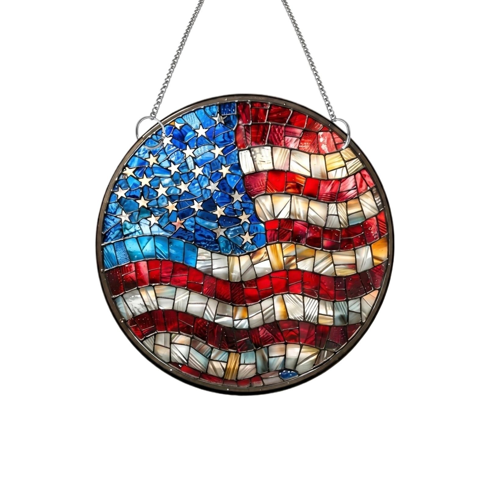 

Round Mosaic Glass Panel Hanging Decor Stained Glass Art Suncatcher with Flag Pattern for Indoor Outdoor Display One Size