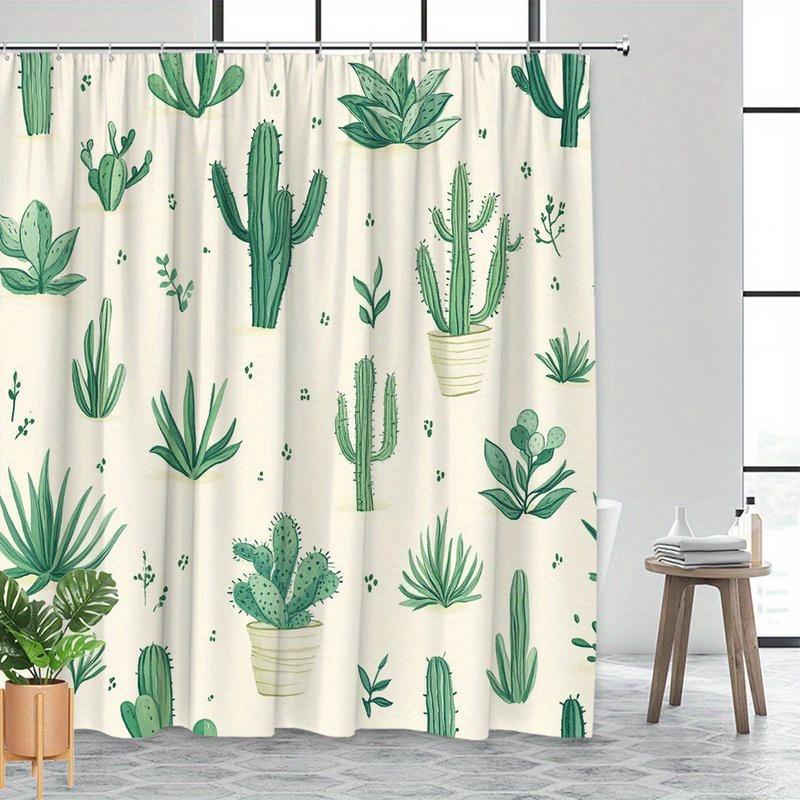 Cactus And Succulent Shower Curtain – Watercolor Plant Illustrations, Green On Cream, 2D Flat Print, Polyester, 70.8"X70.8"Inch