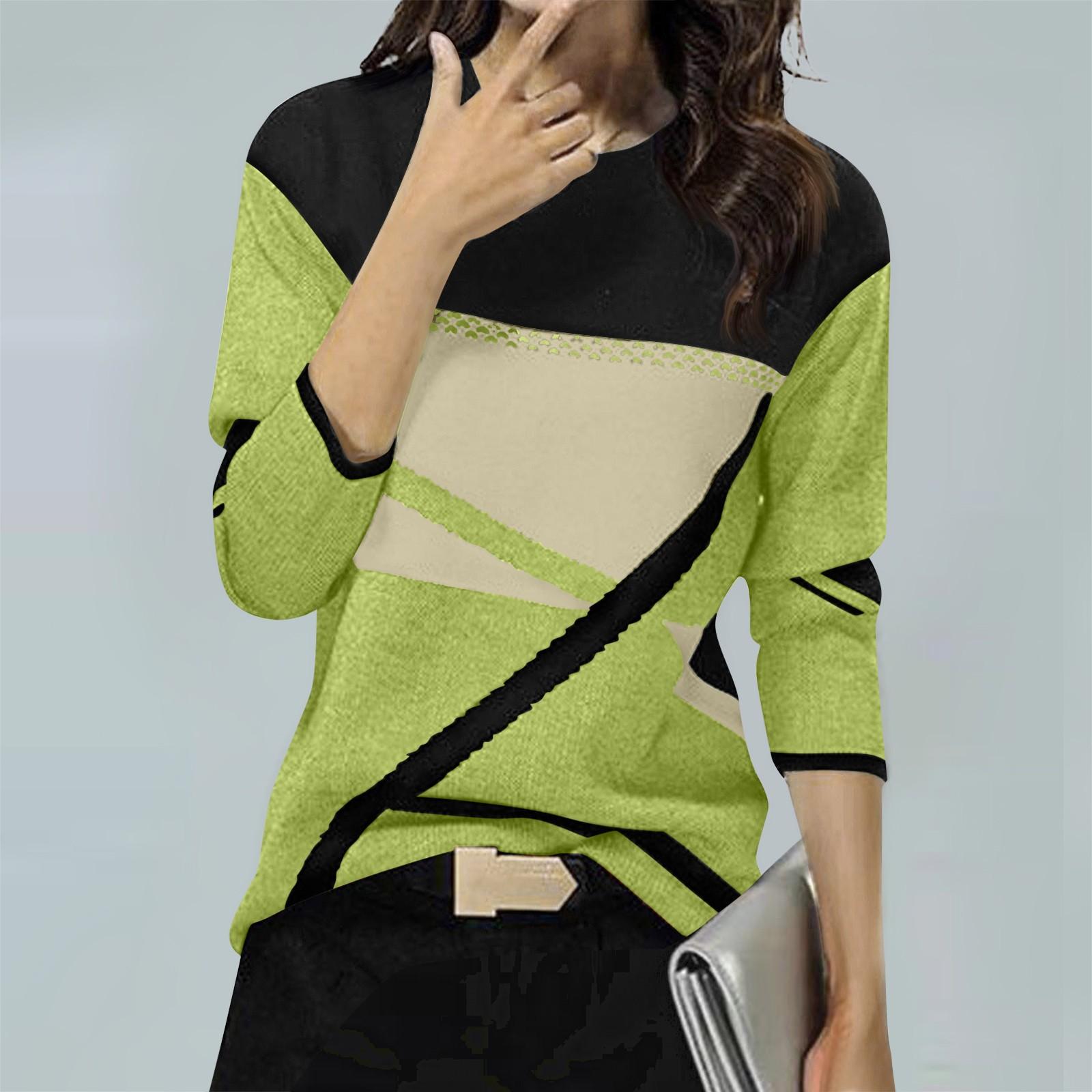 

Женская зимняя мода, новый контрастный цветной позиционный принт, круглый вырез, длинный рукав, топ L армия зеленый