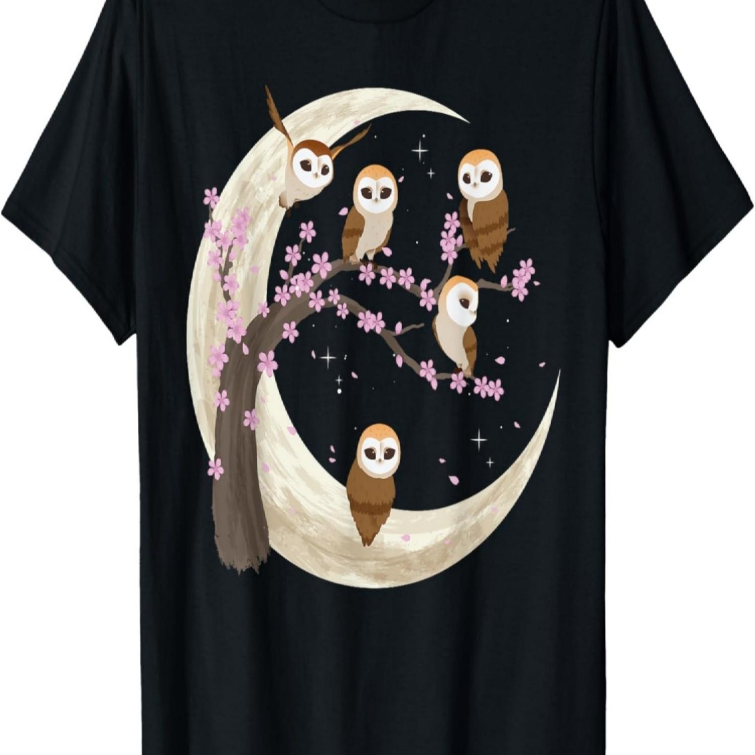 Owls Moon Shirt  Sakura Cherry Blossom Owls Night T-Shirt S чёрный