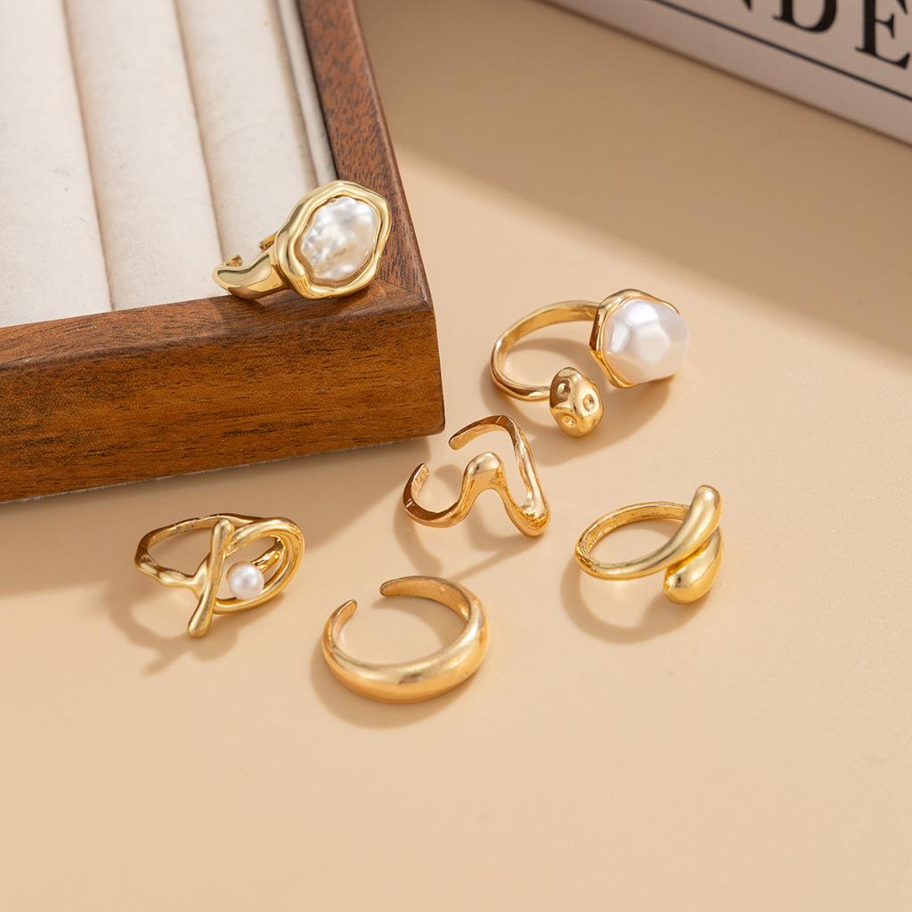 6Pcs/Set Bohemia Vintage Metal Petal Flower Open Rings for Women Trend Baroque Pearl Geometric Ring Daily Jewelry Gift