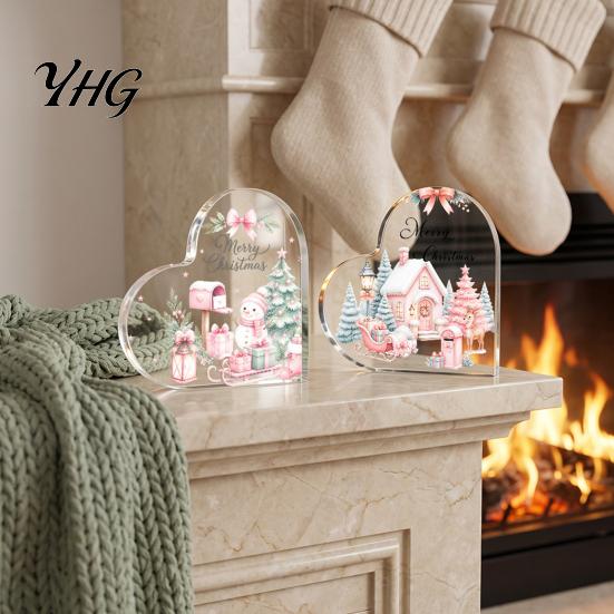 Transparent Heart Shaped Decor Acrylic Christmas Tabletop Sign, 2D Winter Snow Scene Desktop Ornament Romantic Gifts with Santa, Snowman & Xmas House,