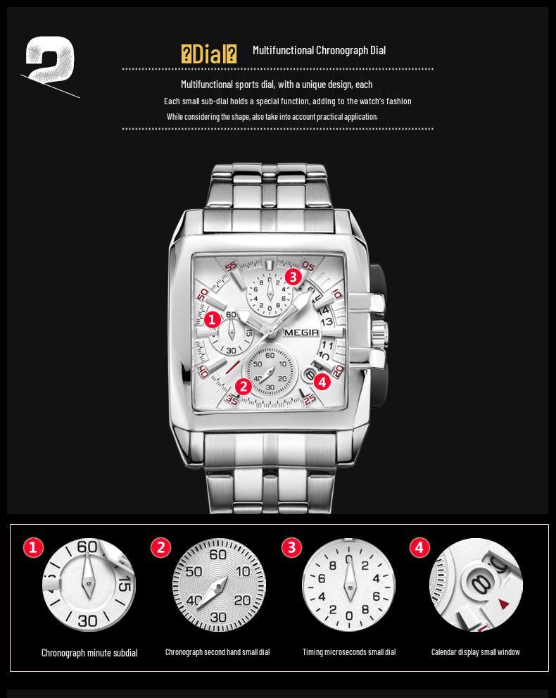 MEGIR Men's Sports Outdoor Stainless Steel Square Watch, 2018 Edition