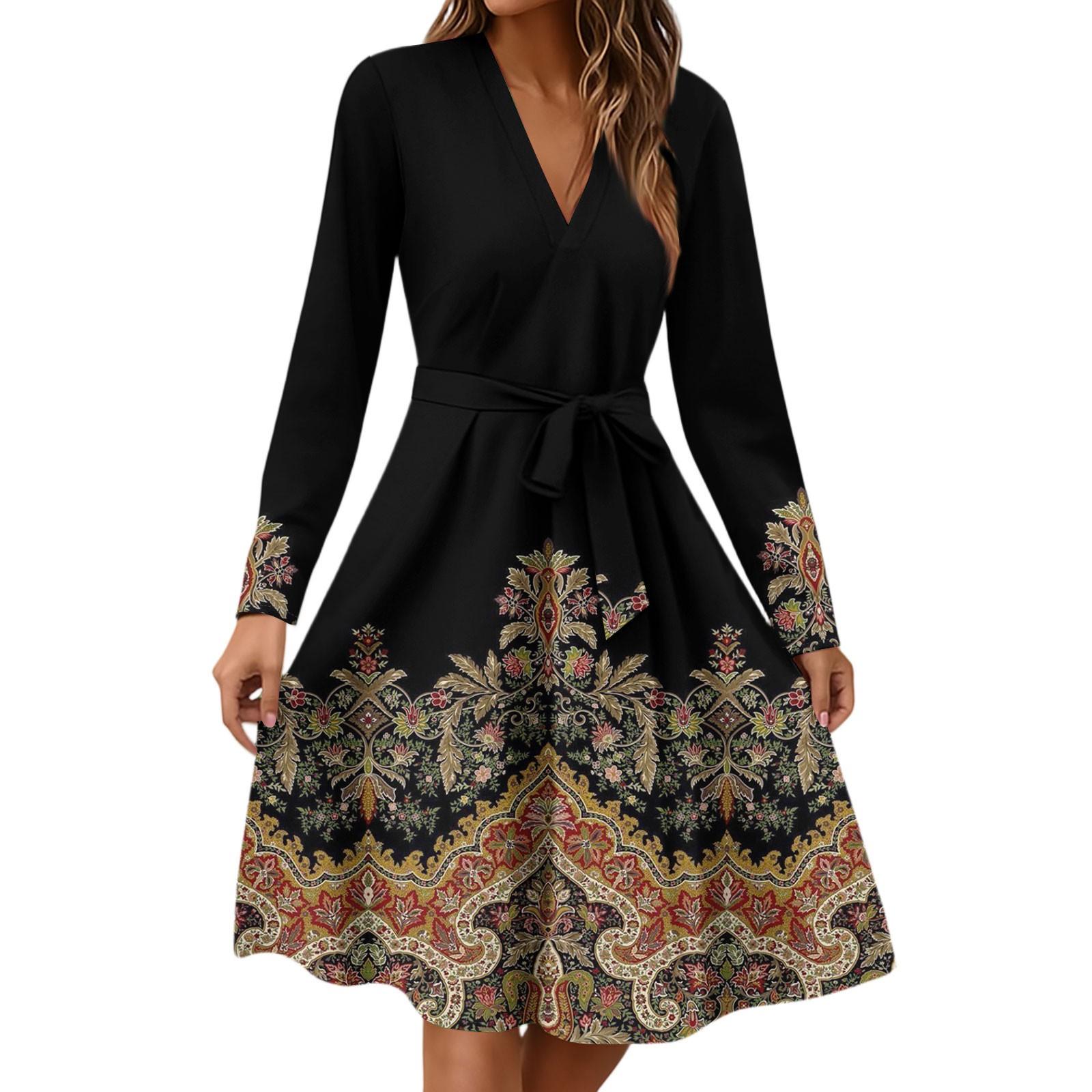 

Женское модное повседневное платье миди с V-образным вырезом, длинными рукавами, талией и цветочным принтом XL чёрный