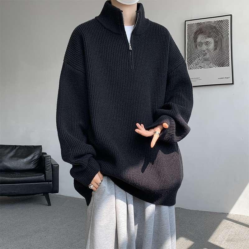Men's Plus Size Half-Zip Stand Collar Sweater - Solid Color, Versatile, Trendy, Loose Fit for High School Students (Autumn/Winter)