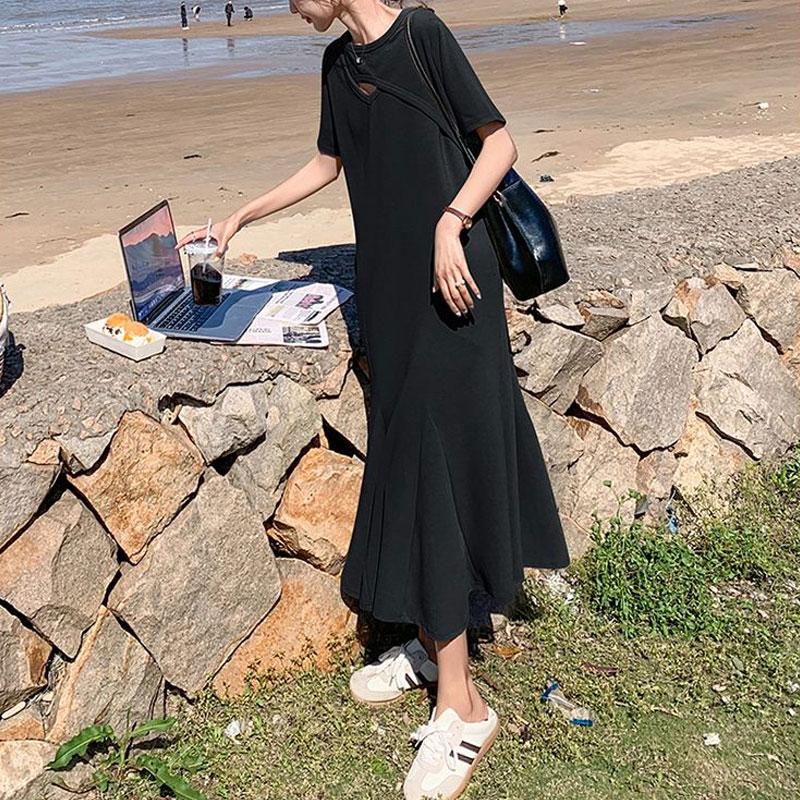 Casual Spliced Hollow Out Midi Dress Summer Short Sleeve Women's Loose Round Basic Solid Color Straight Dresses