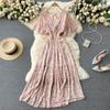 Women's V Neck Floral Chiffon Maxi Dress High Waist A-Line Casual Dress for Summer Vacation