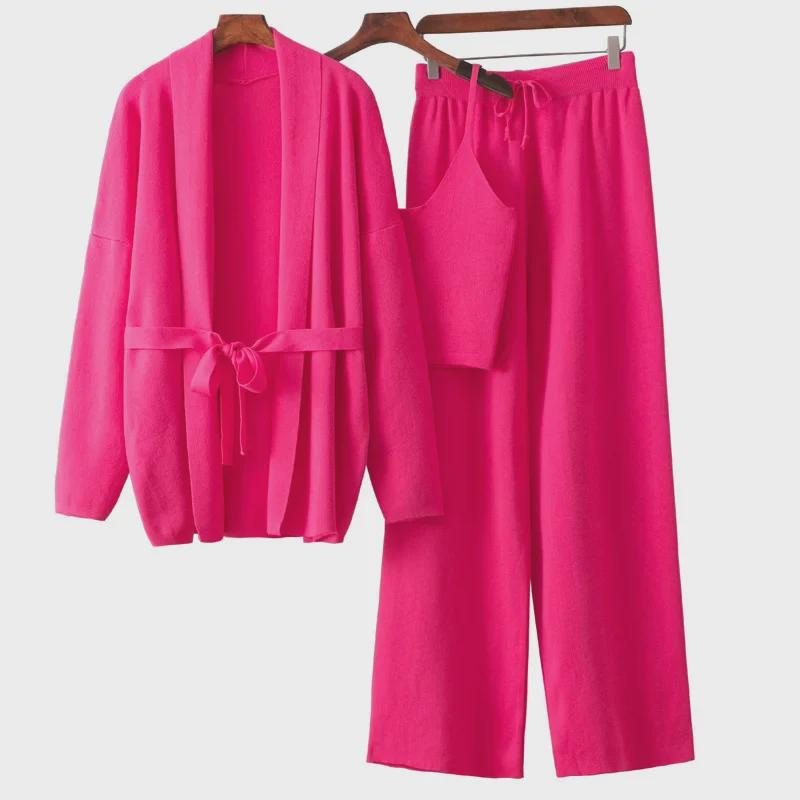 Women's Trendy Casual Wool Three-Piece Suit: Knitted Cardigan, Suspenders, and Wide-Leg Pants.