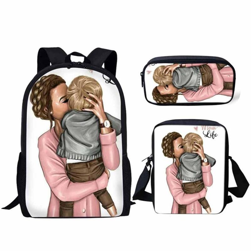 Classique Super Maman Vie Fille Impression 3D 3 pièces/Ensemble élève Sacs d'école Sac à dos pour la journée Sac à dos Sac à bandoulière incliné Trousse à crayons