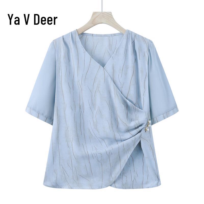 Ya Lu Mid-Aged Women s Summer V-Neck Striped Short Sleeve Blouse XL